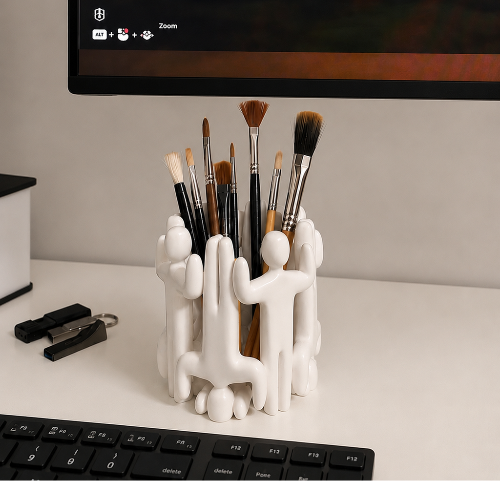 A white sculptural desk organizer shaped like a group of people holding makeup brushes, placed on a white desk in front of a computer monitor and keyboard.