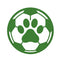 A green soccer ball icon with a paw print graphic in the center, isolated on a white background.