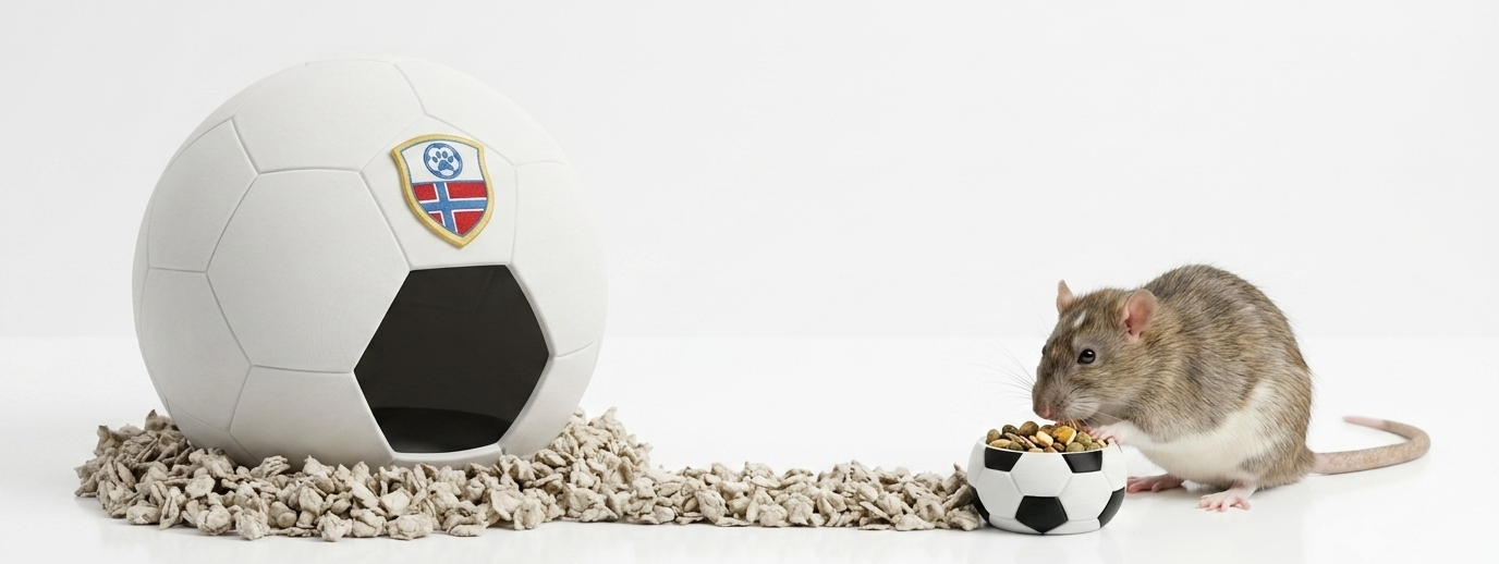 A small gray and white rodent, likely a rat or mouse, is shown eating from a miniature soccer ball-shaped bowl on a white surface. To the left is a large white soccer ball-shaped hide resting on wood shavings.