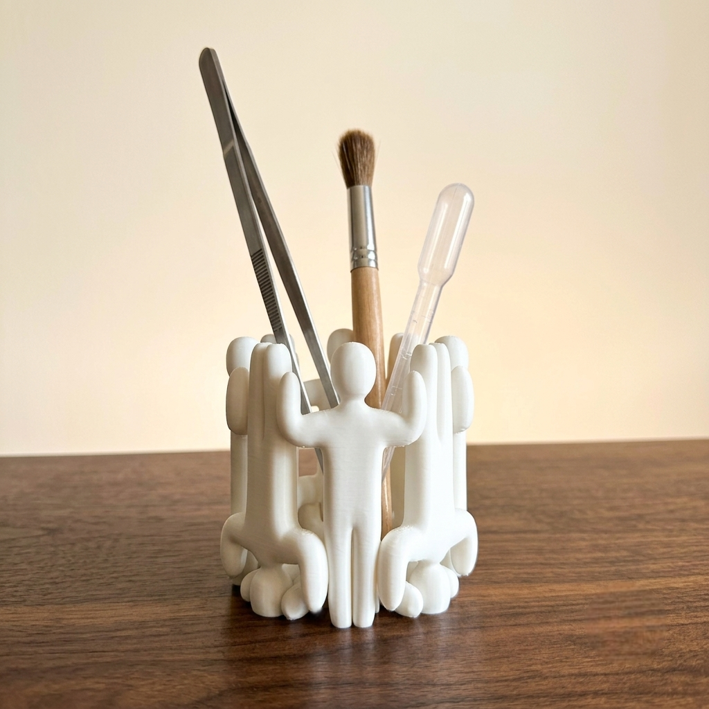 A white sculptural pen holder shaped like a group of people, holding makeup tools including tweezers, a brush, and a spatula, set on a wooden surface against a plain beige background.