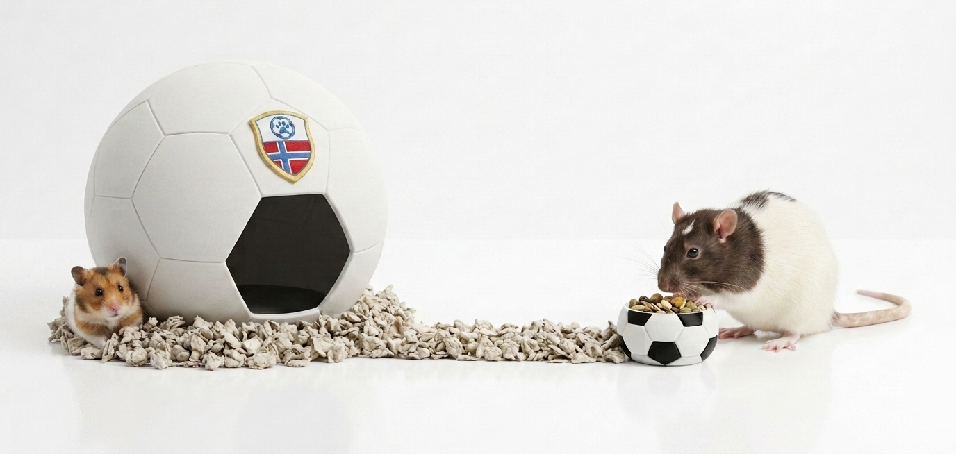 A white soccer ball-shaped hamster house with a black entrance and a small crest patch, shown on a white background with a small hamster sitting beside it. A white and black soccer ball food dish with food inside is placed in front of a white rat.