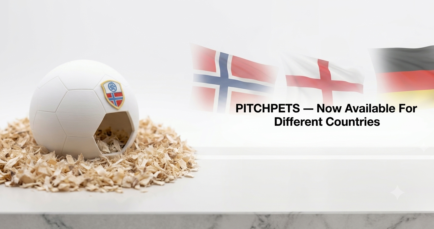 A 3D-printed soccer ball hamster house with a Norwegian badge is nested in wood shavings. The background shows Norwegian, English, and German flags with the text "PITCHPETS — Now Available For Different Countries" advertising country customization.