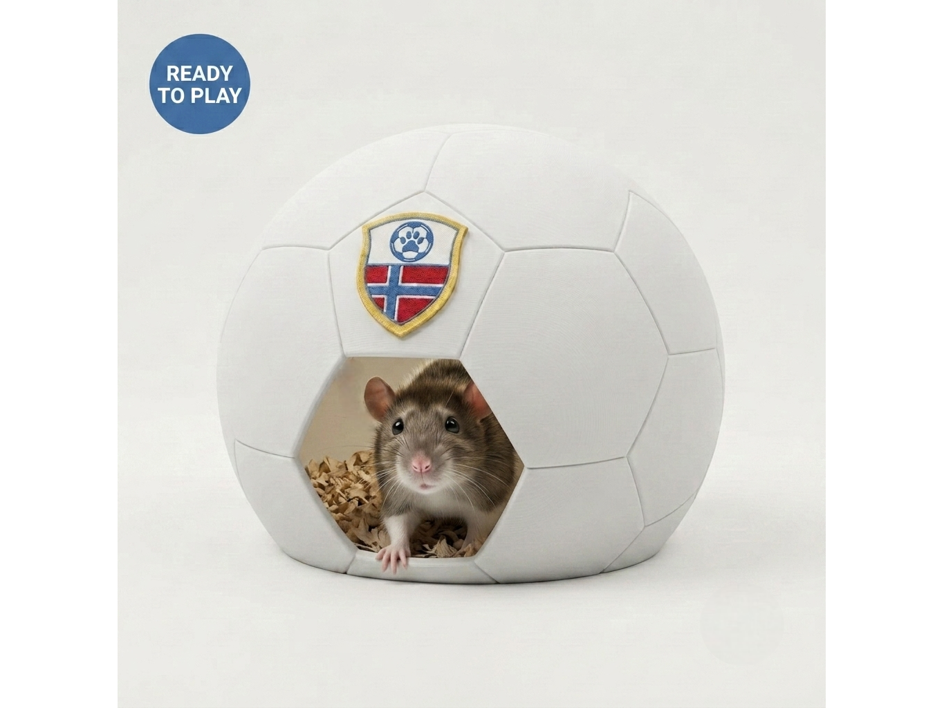 A small gray rat peeking out of a white soccer-ball-shaped hide with a hexagonal entrance cutout. The ball features a Norwegian flag crest on the front and a blue circular 'READY TO PLAY' badge in the top-left corner, set against a plain light gray background.